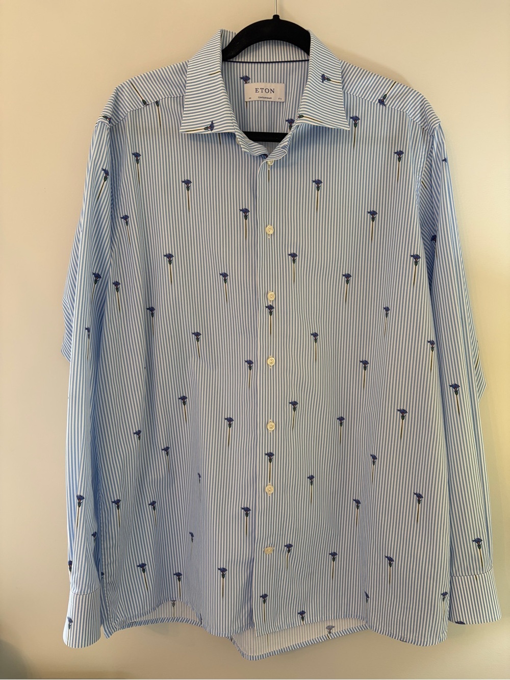 Eton Blue Striped Poplin Shirt Embroidered Cornflowers Contemporary Fit 44 / 17.
